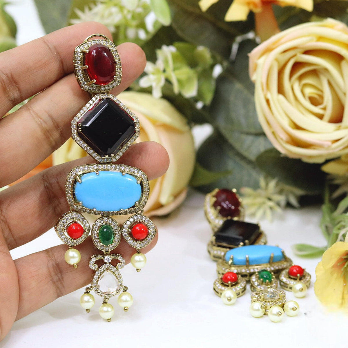 Handcrafted Navratna Multi-Stone Dangler Earrings | Gold Plated Kundan Polki Indian Jewellery Bridal Earring Set