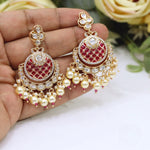 Pink Kundan Chandbali Earrings with Pearl Drops in Gold Finish | Stone Indian Jewellery Earring Set