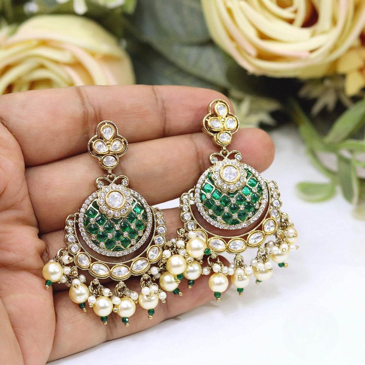 Pink Kundan Chandbali Earrings with Pearl Drops in Gold Finish | Stone Indian Jewellery Earring Set