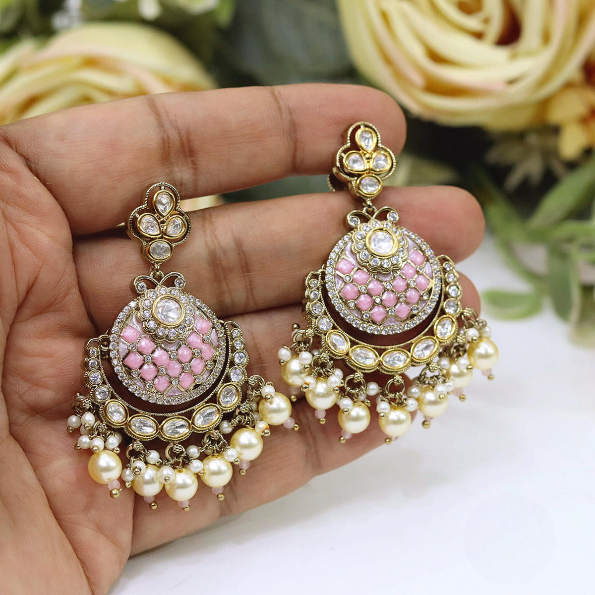 Pink Kundan Chandbali Earrings with Pearl Drops in Gold Finish | Stone Indian Jewellery Earring Set