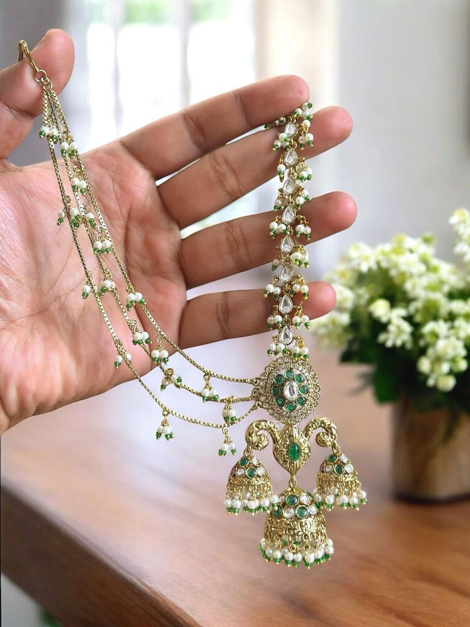 Traditional Kundan Matha Patti with Emerald Green Beads & Jhumka Drop | Gold Plated Bridal Sheeshphool | Ethnic Indian Wedding Hair Jewelry for Brides
