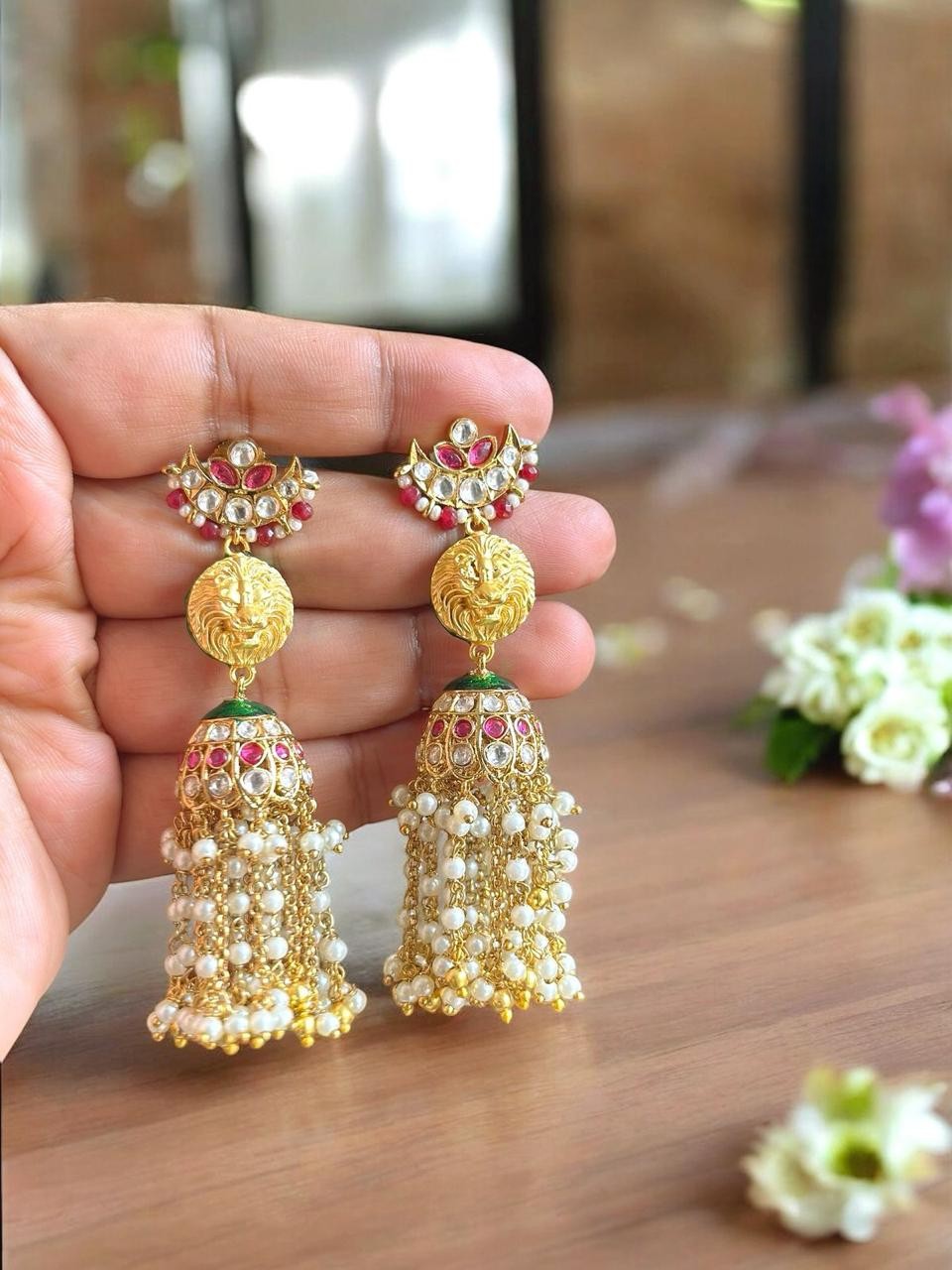 Royal Lion Head Kundan Jhumka Earrings with Long Pearl Tassels | Gold Plated Statement Earrings for Weddings | Antique Ethnic Indian Jewelry