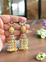 Royal Lion Head Kundan Jhumka Earrings with Long Pearl Tassels | Gold Plated Statement Earrings for Weddings | Antique Ethnic Indian Jewelry