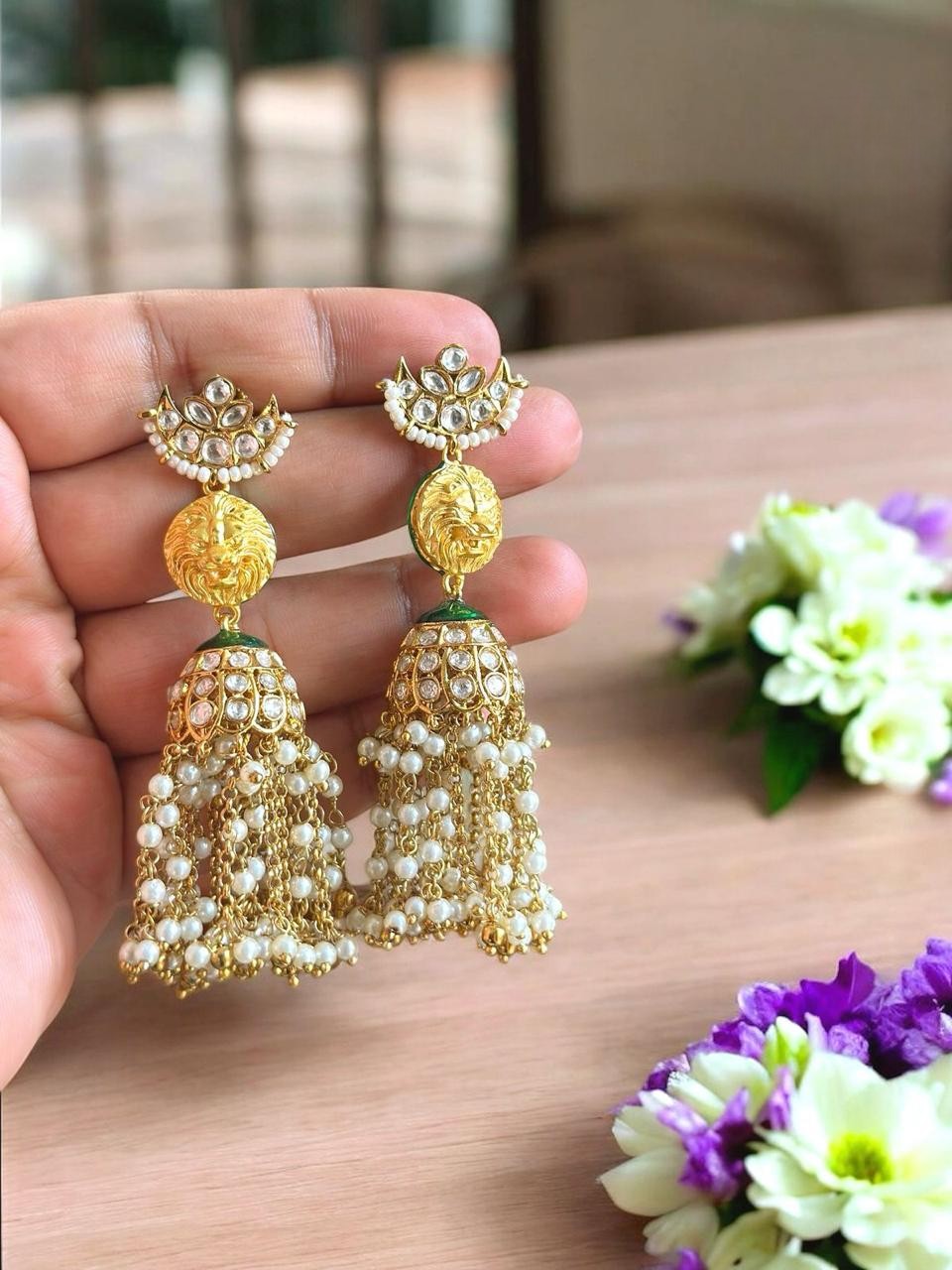Royal Lion Head Kundan Jhumka Earrings with Long Pearl Tassels | Gold Plated Statement Earrings for Weddings | Antique Ethnic Indian Jewelry