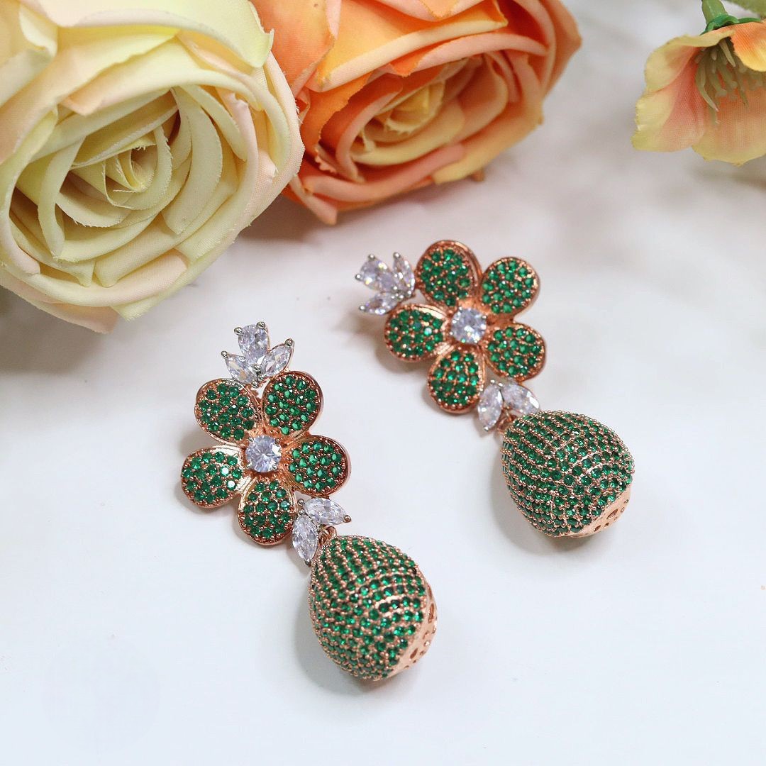 Rose Bloom AD Drop Earrings – Elegant Floral Sparkle - Libasaa.com