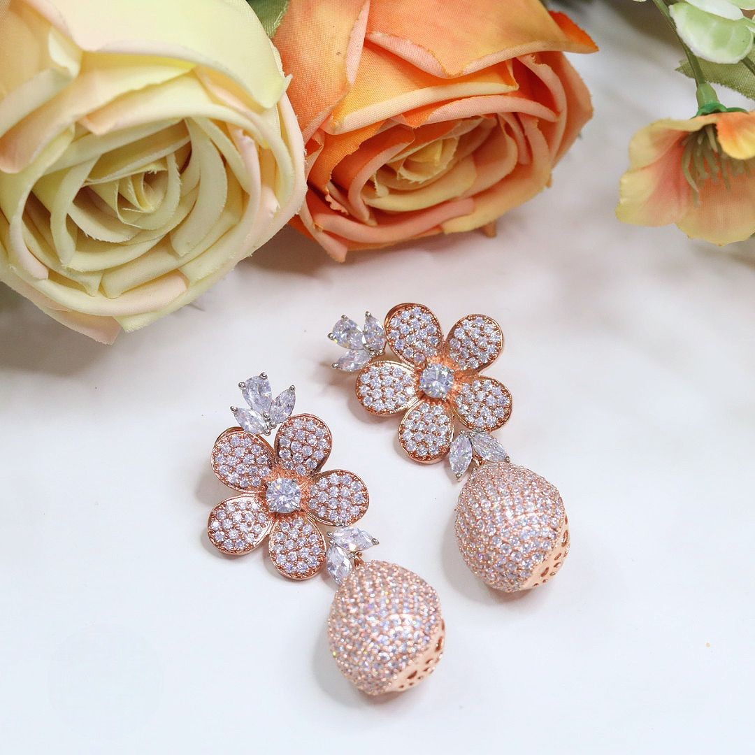 Rose Bloom AD Drop Earrings – Elegant Floral Sparkle - Libasaa.com