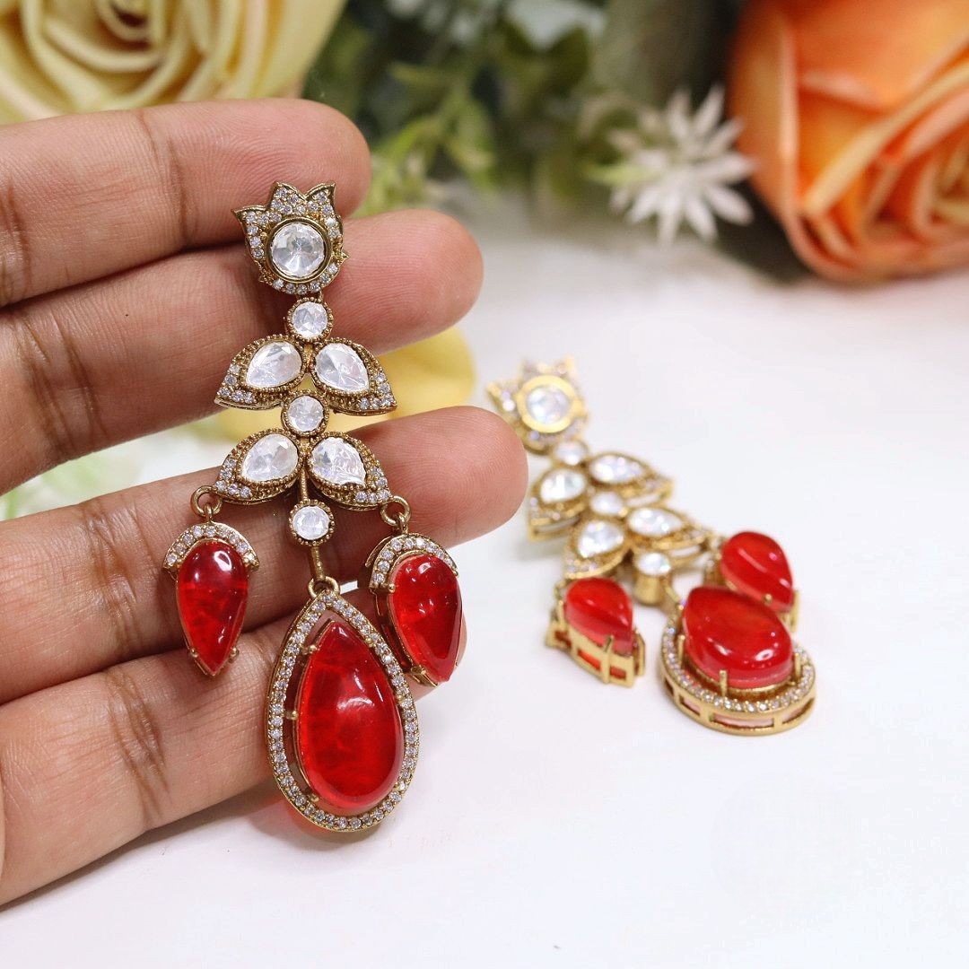 Stone Kundan Polki Chandelier Earrings Set | Kundan Polki Stones Earring Set | Premium Indian Jewellery for Women