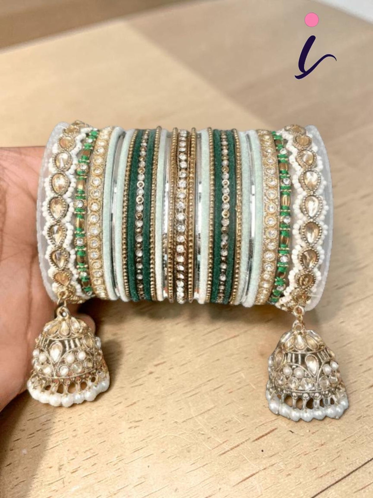 Green Color Matte Shining Indian Bangle Set with Jhumki Border for Both Hands, Traditional Bridal Wedding Jewelry for Women