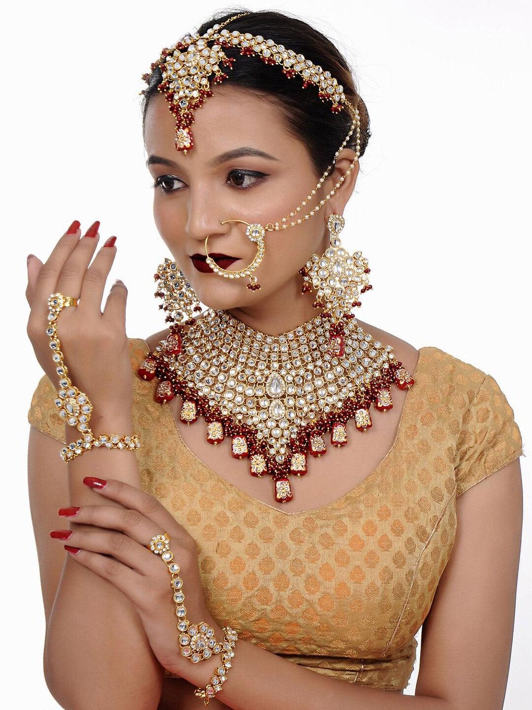 Maroon Gold-Plated Kundan Studded & Beaded Choker Bridal Jewellery Set - Libasaa