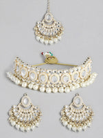 White Gold-Plated Kundan Pearl Studded Choker Necklace Jewellery Set For Girls and Women - Libasaa
