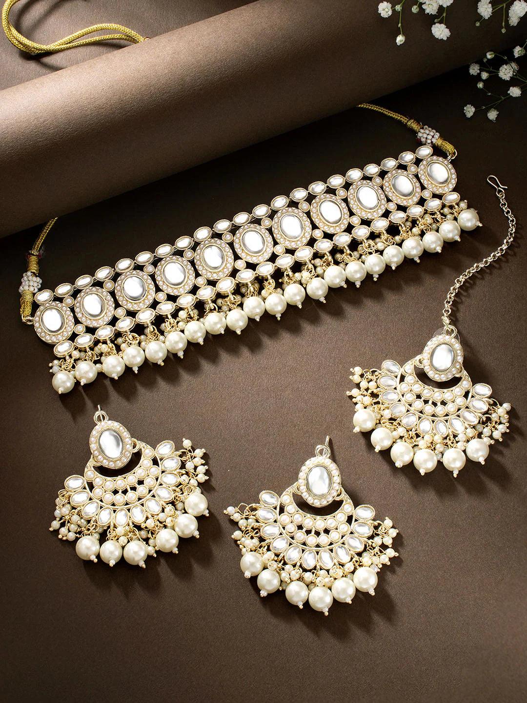 White Gold-Plated Kundan Pearl Studded Choker Necklace Jewellery Set For Girls and Women - Libasaa
