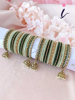 Green Color Matte Shining Indian Bangle Set with Jhumki Border for Both Hands, Traditional Bridal Wedding Jewelry for Women