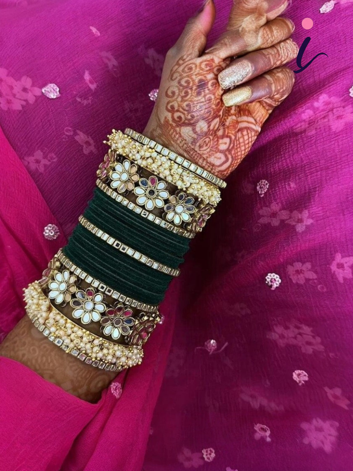 Flower Mirror Velvet Bangle Set, Traditional Indian Bridal Bangles, Designer Wedding Jewelry Collection for Women