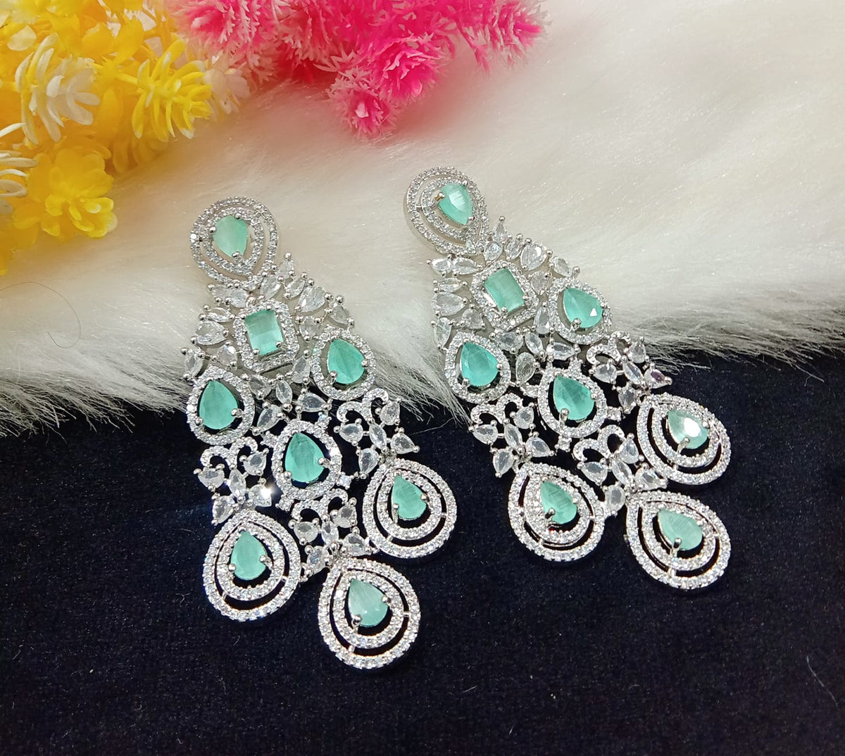 Indian Ethnic AD CZ Layered Silver Plated Earring Set For Wedding Indian Jewelry - Libasaa.com