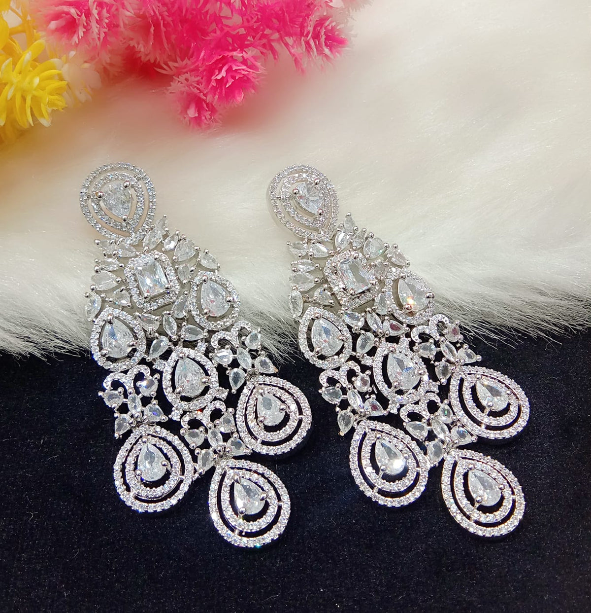 Indian Ethnic AD CZ Layered Silver Plated Earring Set For Wedding Indian Jewelry - Libasaa.com