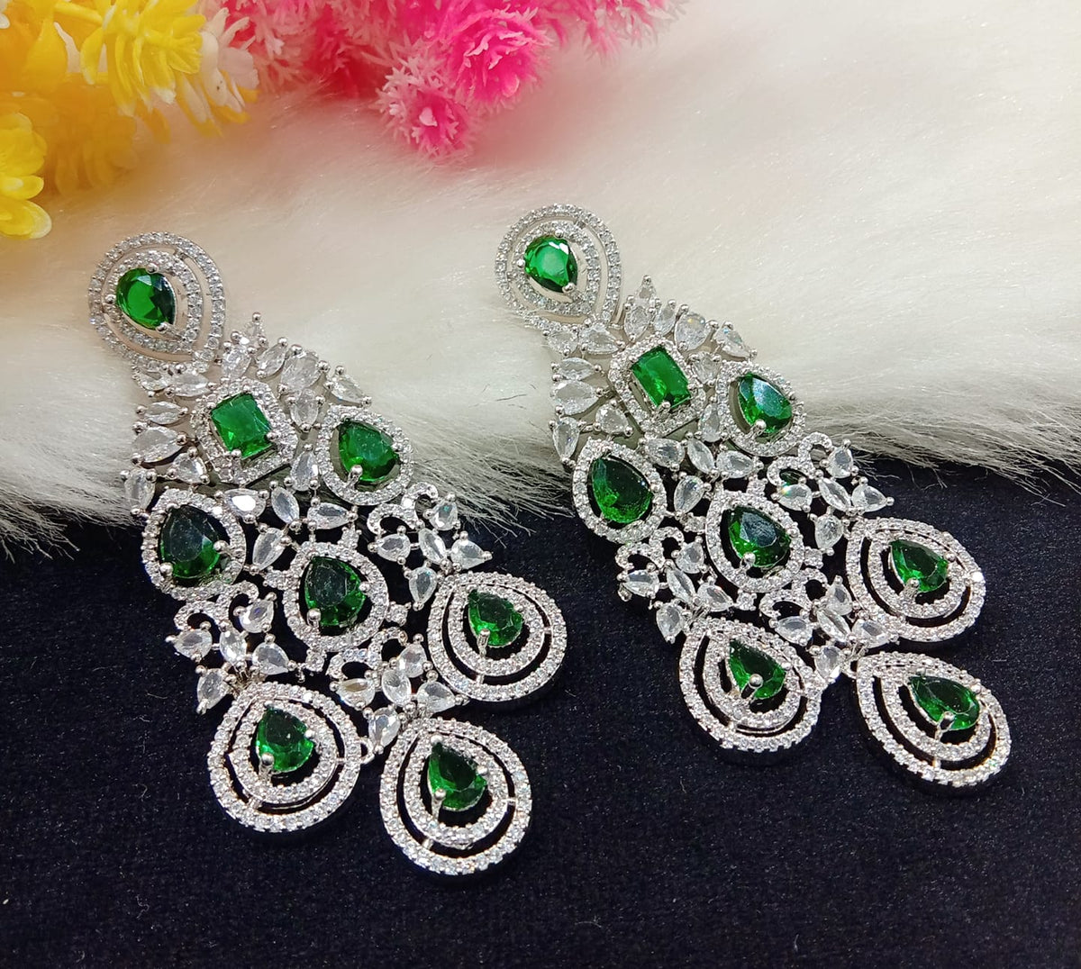 Indian Ethnic AD CZ Layered Silver Plated Earring Set For Wedding Indian Jewelry - Libasaa.com