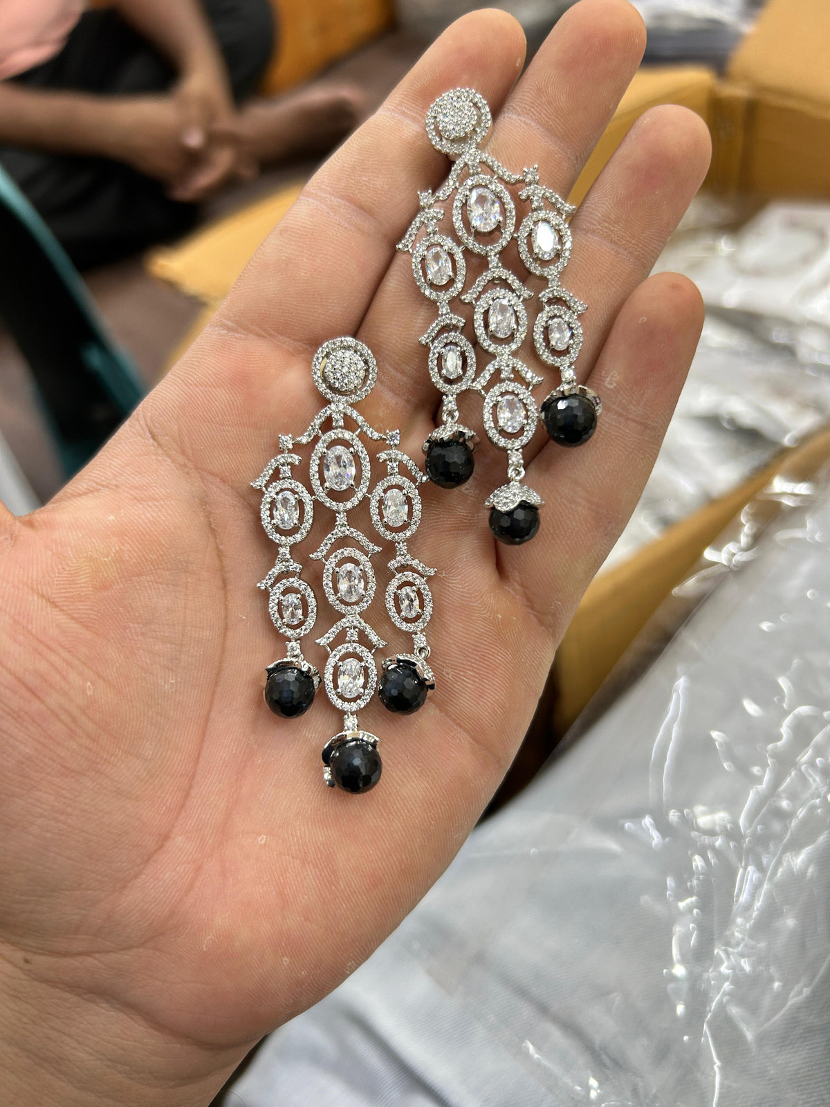 Indian Multi Layered AD CZ Silver Plated Bridal Earring Set - Libasaa.com