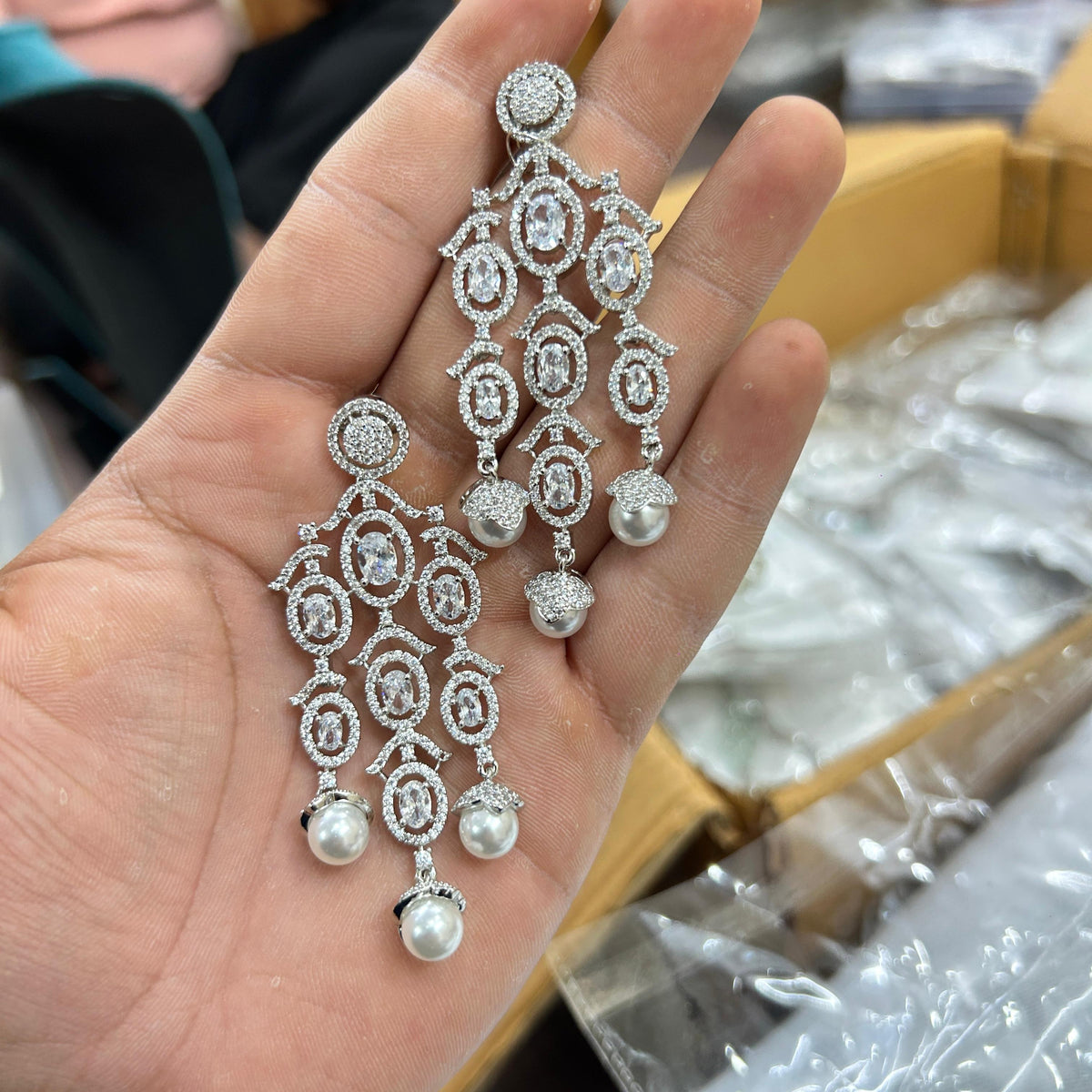 Indian Multi Layered AD CZ Silver Plated Bridal Earring Set - Libasaa.com