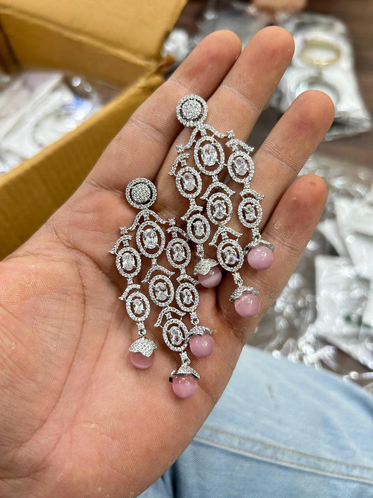 Indian Multi Layered AD CZ Silver Plated Bridal Earring Set - Libasaa.com