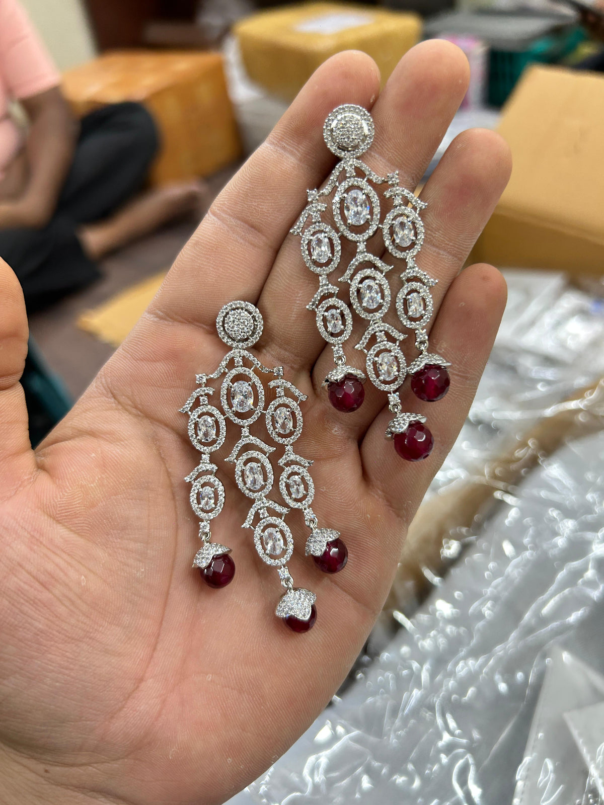 Indian Multi Layered AD CZ Silver Plated Bridal Earring Set - Libasaa.com