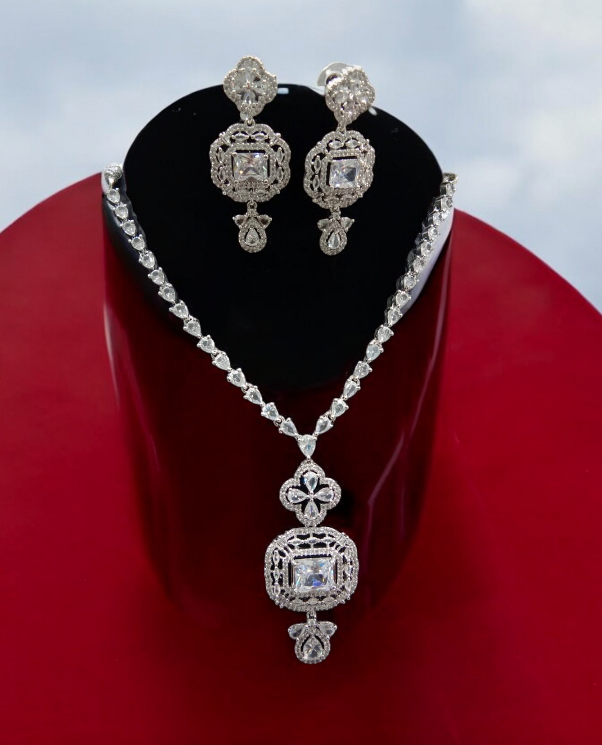 Indian Wedding Rectangular Cubic Zirconia Work Bridal Necklace Set - Libasaa.com