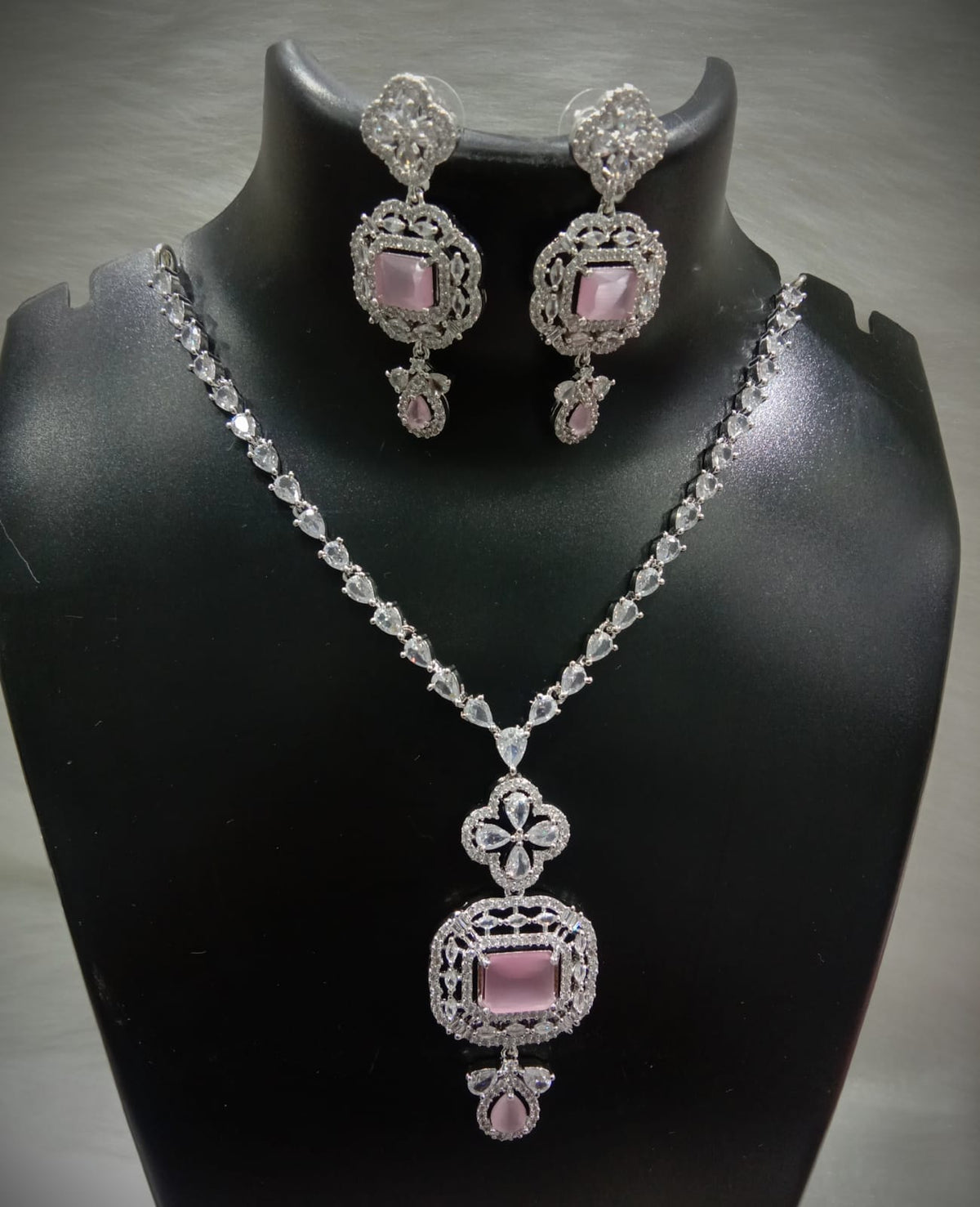 Indian Wedding Rectangular Cubic Zirconia Work Bridal Necklace Set - Libasaa.com