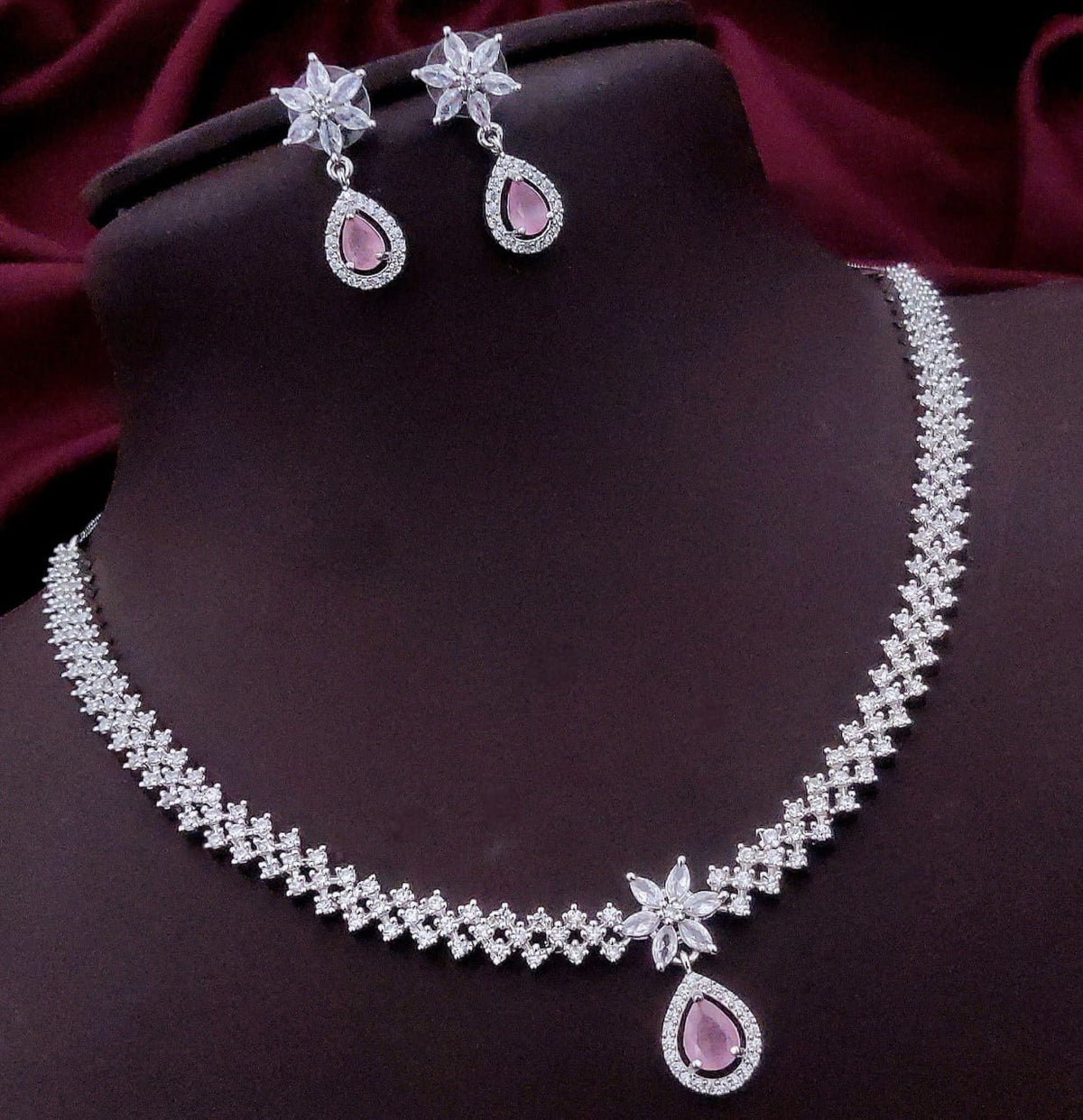 Pakistani Floral AD Kundan Choker Earrings Set | Kundan Jewelry | AD Jewelry | Pakistani Choker Set | Traditional Jewelry - Libasaa.com