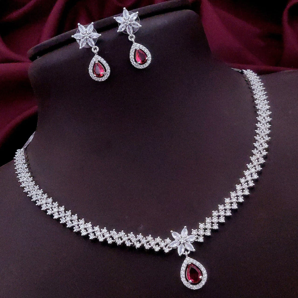 Pakistani Floral AD Kundan Choker Earrings Set | Kundan Jewelry | AD Jewelry | Pakistani Choker Set | Traditional Jewelry - Libasaa.com