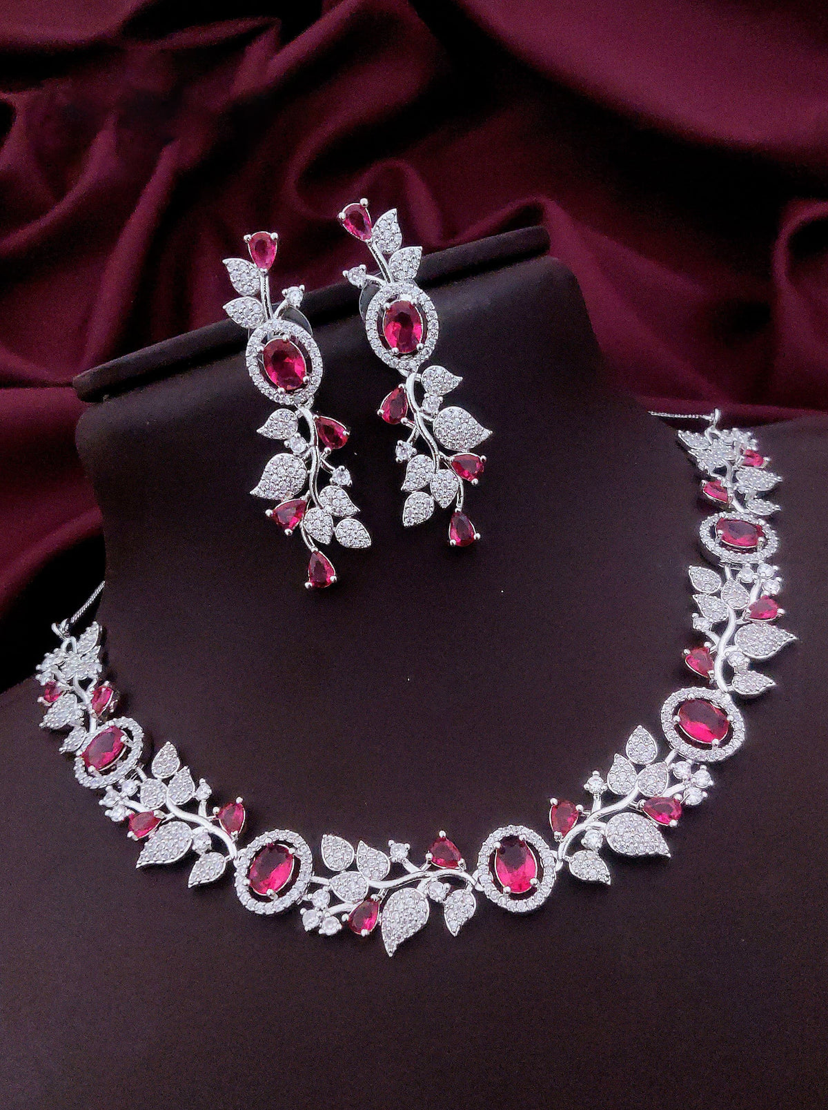 Indian Flower Design Kundan AD Choker Earrings Set | Kundan Jewelry | AD Jewelry | Pakistani Choker Set | Traditional Jewelry - Libasaa.com