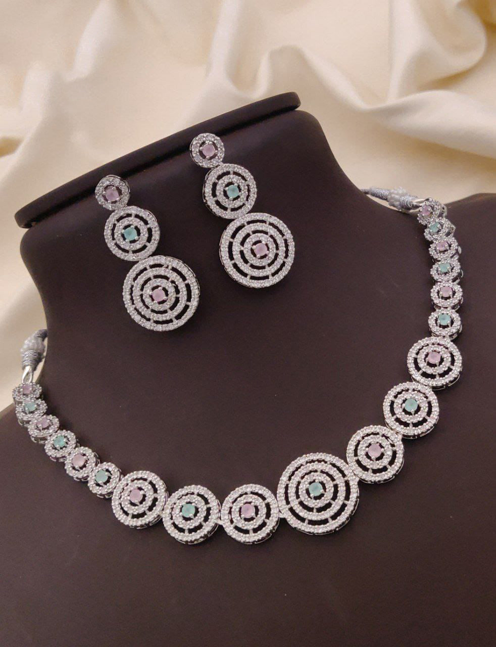 Round Shaped Design Wedding AD Choker Earrings Set | Kundan Jewelry | AD Jewelry | Pakistani Choker Set | Traditional Jewelry - Libasaa.com