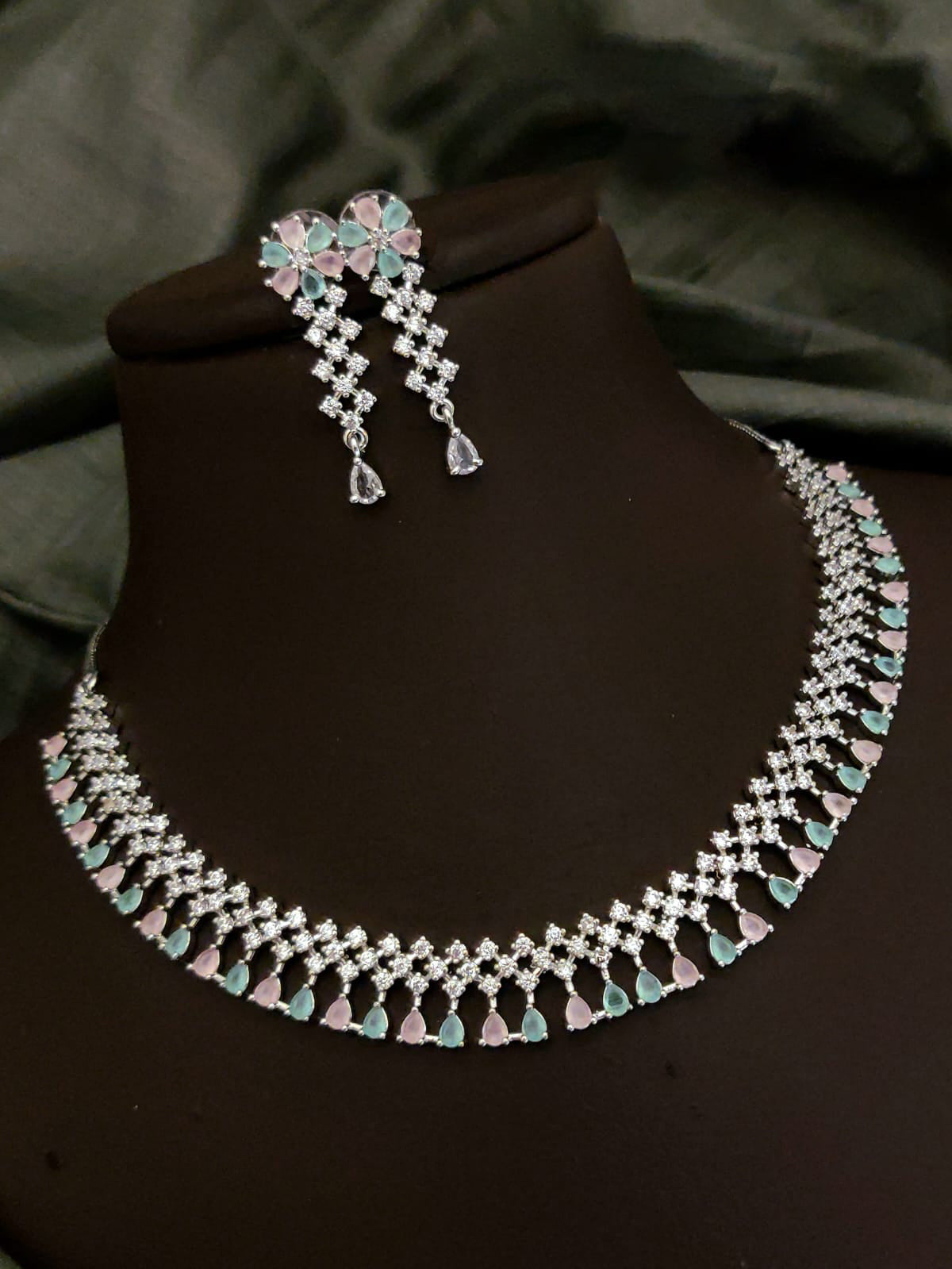 Traditional Floral Inspired AD Choker Earrings Set For Wedding | Kundan Jewelry | AD Jewelry | Indian Jewelry | Traditional Jewelry - Libasaa.com