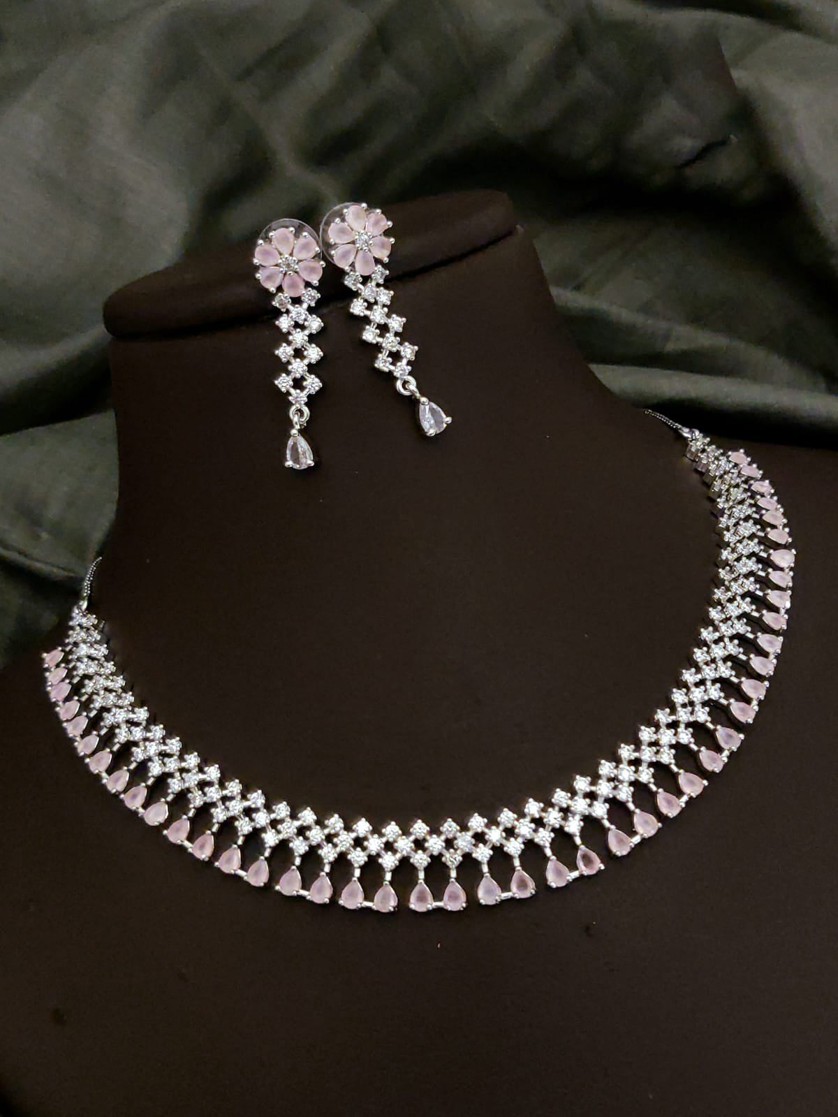 Traditional Floral Inspired AD Choker Earrings Set For Wedding | Kundan Jewelry | AD Jewelry | Indian Jewelry | Traditional Jewelry - Libasaa.com