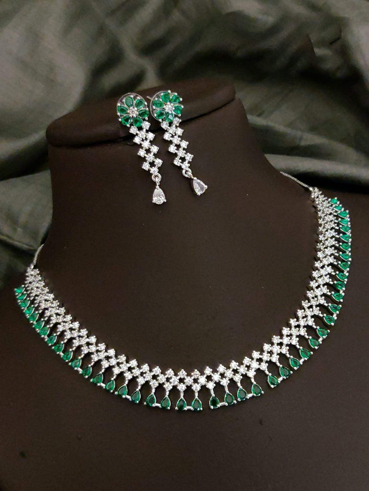 Traditional Floral Inspired AD Choker Earrings Set For Wedding | Kundan Jewelry | AD Jewelry | Indian Jewelry | Traditional Jewelry - Libasaa.com