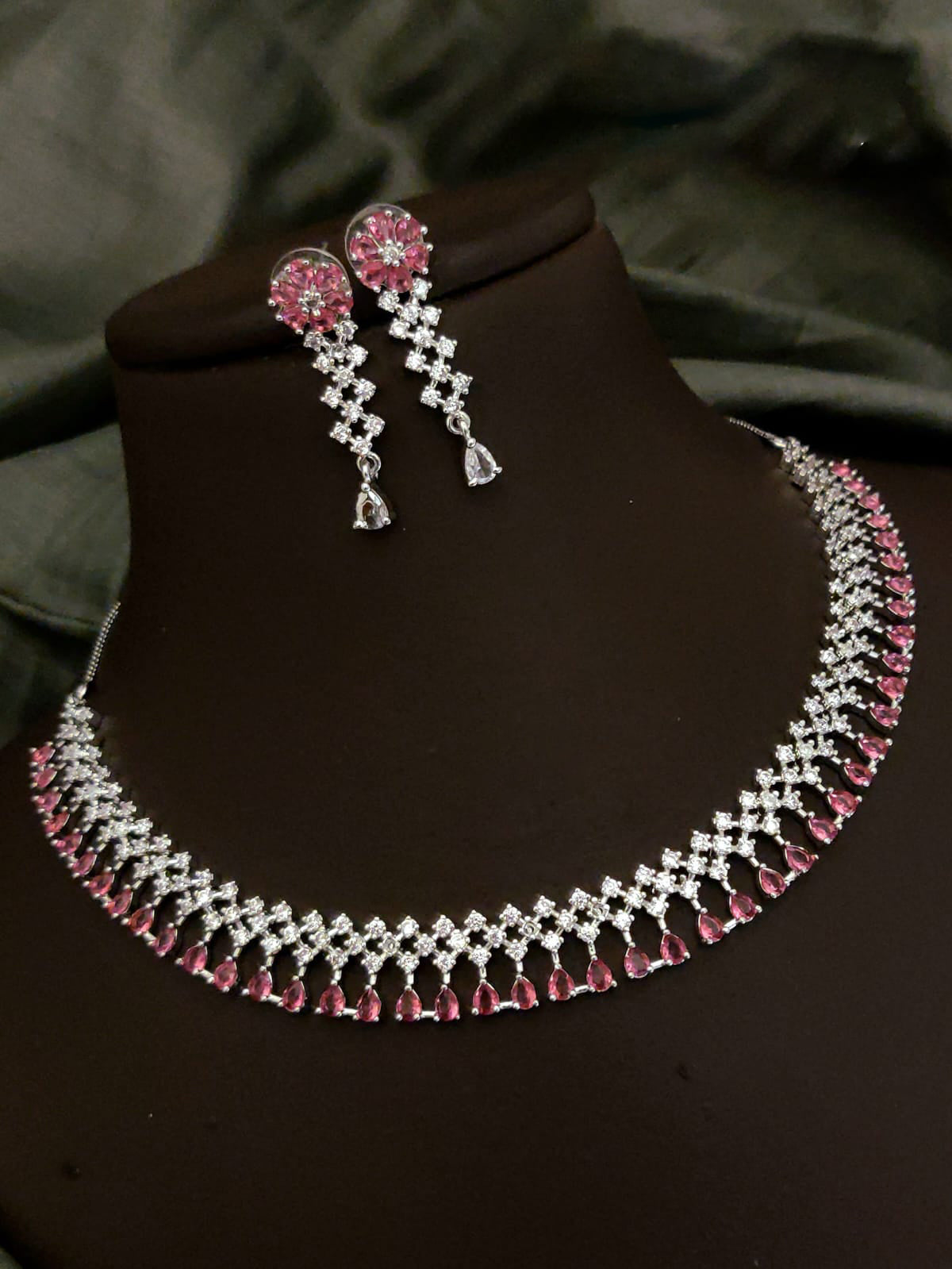 Traditional Floral Inspired AD Choker Earrings Set For Wedding | Kundan Jewelry | AD Jewelry | Indian Jewelry | Traditional Jewelry - Libasaa.com