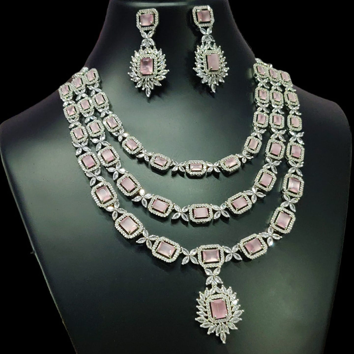 Triple Layer CZ Kundan Necklace Earrings Set | Kundan Jewelry | AD Jewelry | Indian Jewelry | Traditional Jewelry - Libasaa.com