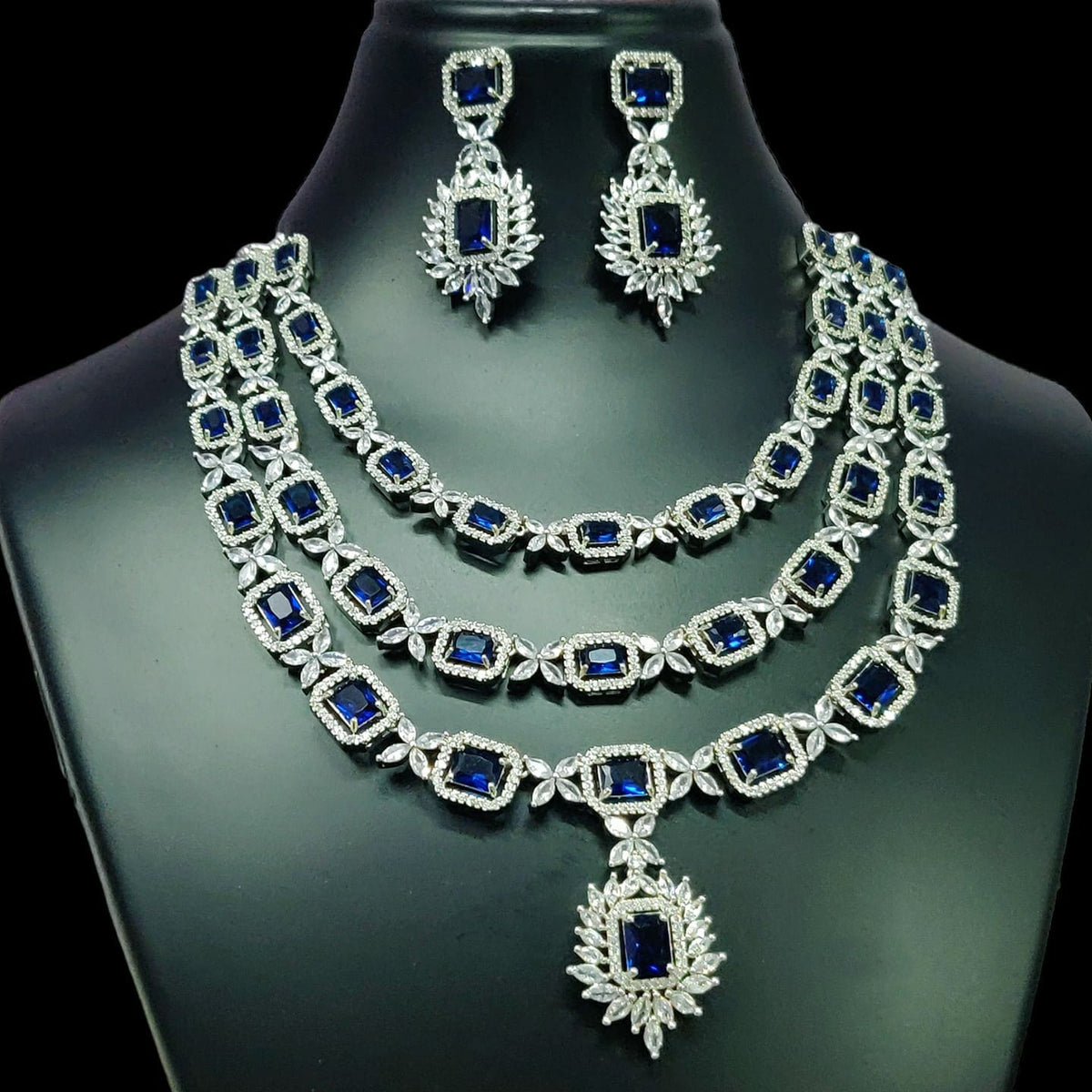 Triple Layer CZ Kundan Necklace Earrings Set | Kundan Jewelry | AD Jewelry | Indian Jewelry | Traditional Jewelry - Libasaa.com