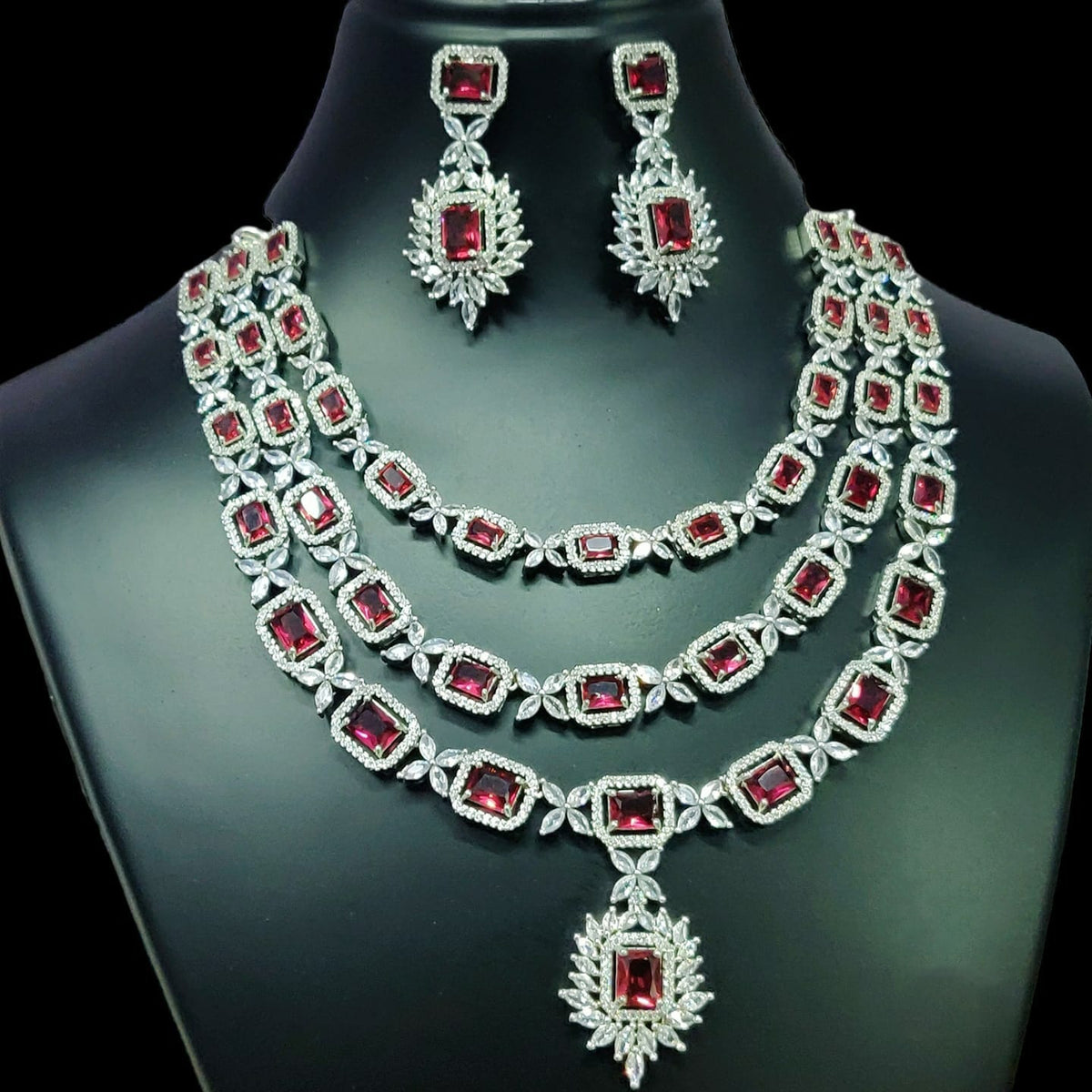 Triple Layer CZ Kundan Necklace Earrings Set | Kundan Jewelry | AD Jewelry | Indian Jewelry | Traditional Jewelry - Libasaa.com