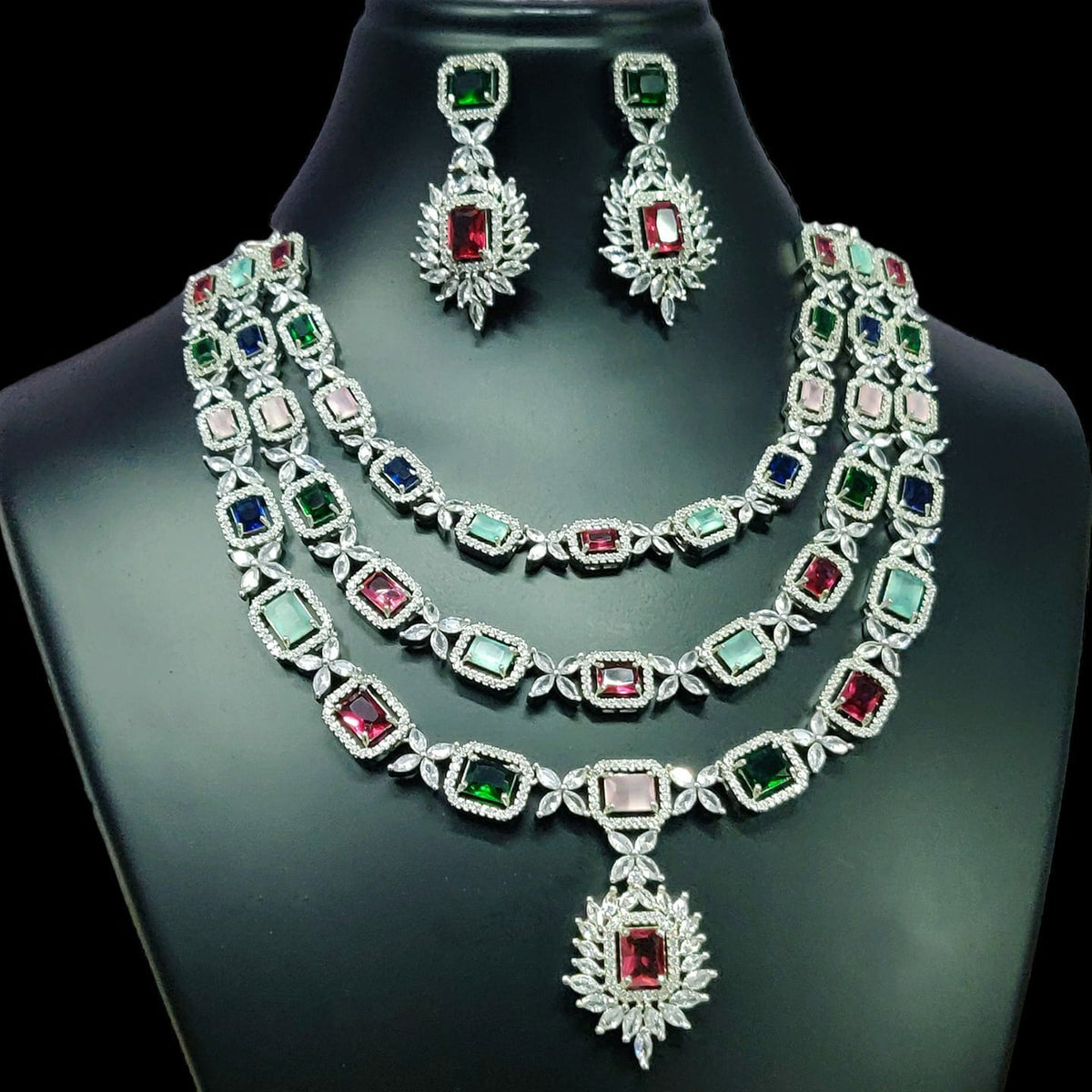 Triple Layer CZ Kundan Necklace Earrings Set | Kundan Jewelry | AD Jewelry | Indian Jewelry | Traditional Jewelry - Libasaa.com