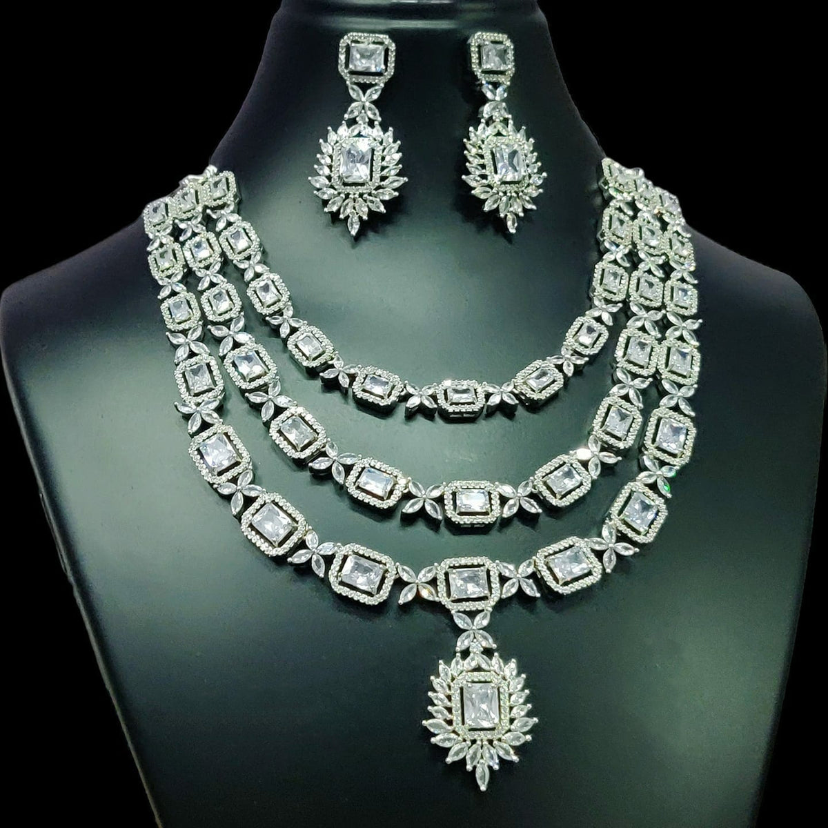 Triple Layer CZ Kundan Necklace Earrings Set | Kundan Jewelry | AD Jewelry | Indian Jewelry | Traditional Jewelry - Libasaa.com