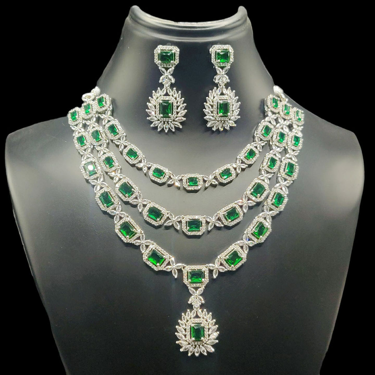 Triple Layer CZ Kundan Necklace Earrings Set | Kundan Jewelry | AD Jewelry | Indian Jewelry | Traditional Jewelry - Libasaa.com