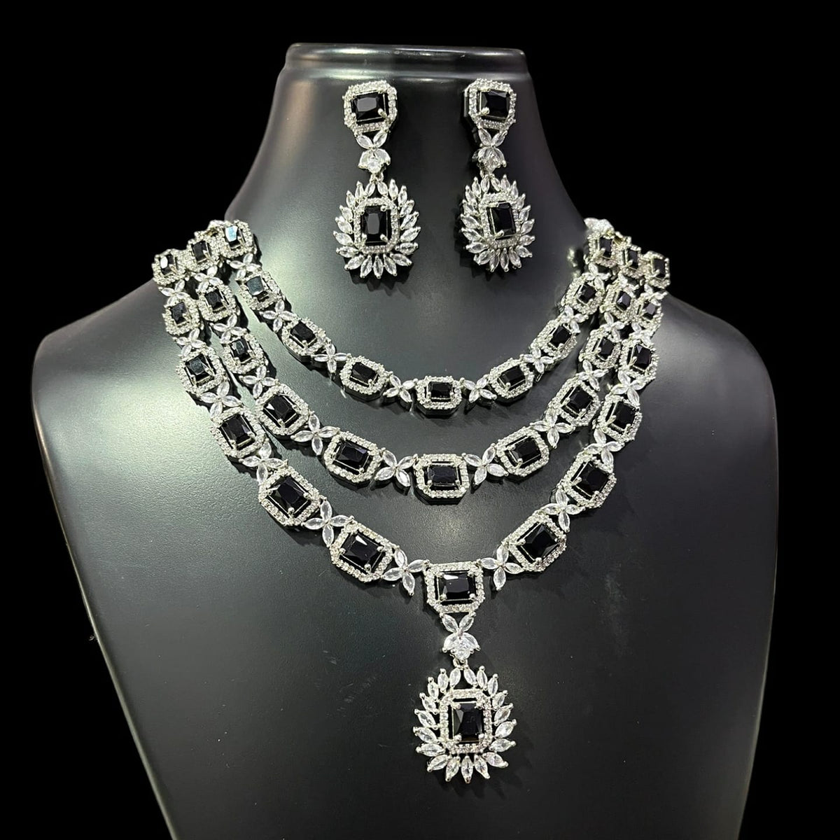 Triple Layer CZ Kundan Necklace Earrings Set | Kundan Jewelry | AD Jewelry | Indian Jewelry | Traditional Jewelry - Libasaa.com