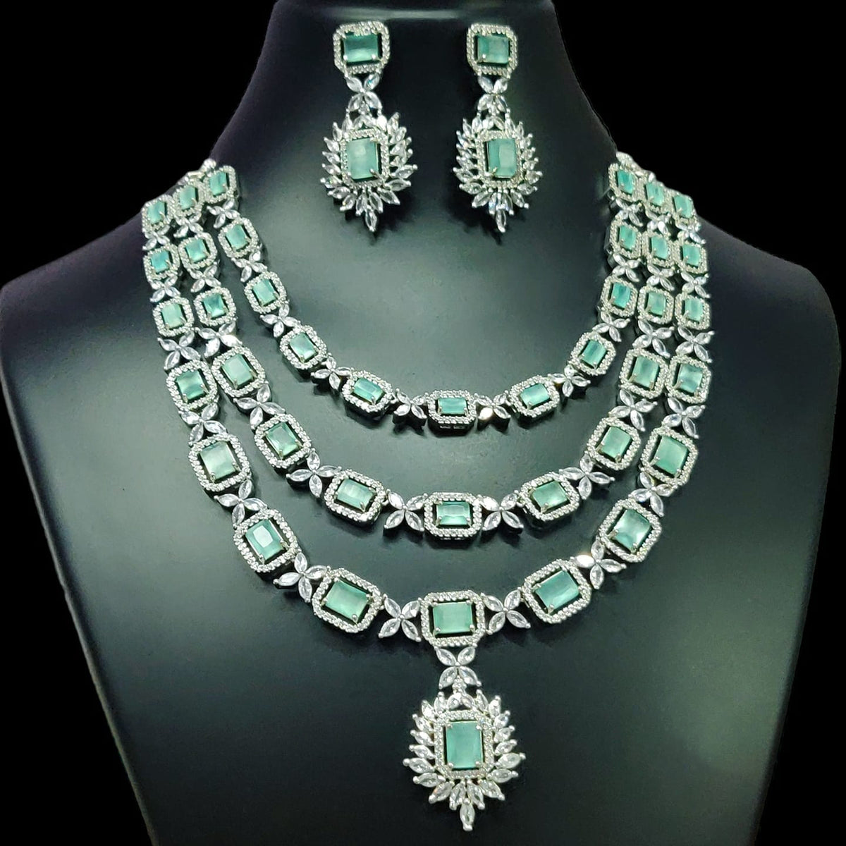 Triple Layer CZ Kundan Necklace Earrings Set | Kundan Jewelry | AD Jewelry | Indian Jewelry | Traditional Jewelry - Libasaa.com