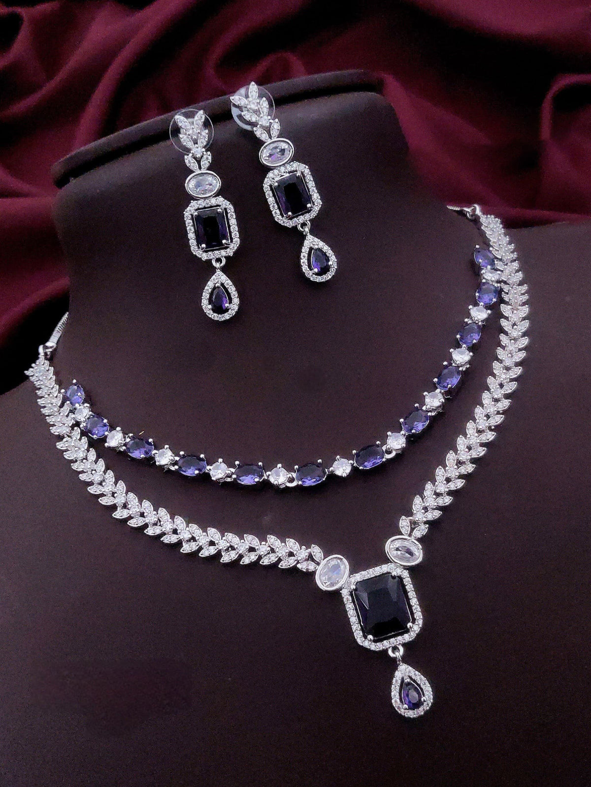 Pakistani Double Layer Cubiz Zirconia Choker Earrings Set | Kundan Jewelry | AD Jewelry | Pakistani Jewelry | Traditional Jewelry - Libasaa.com