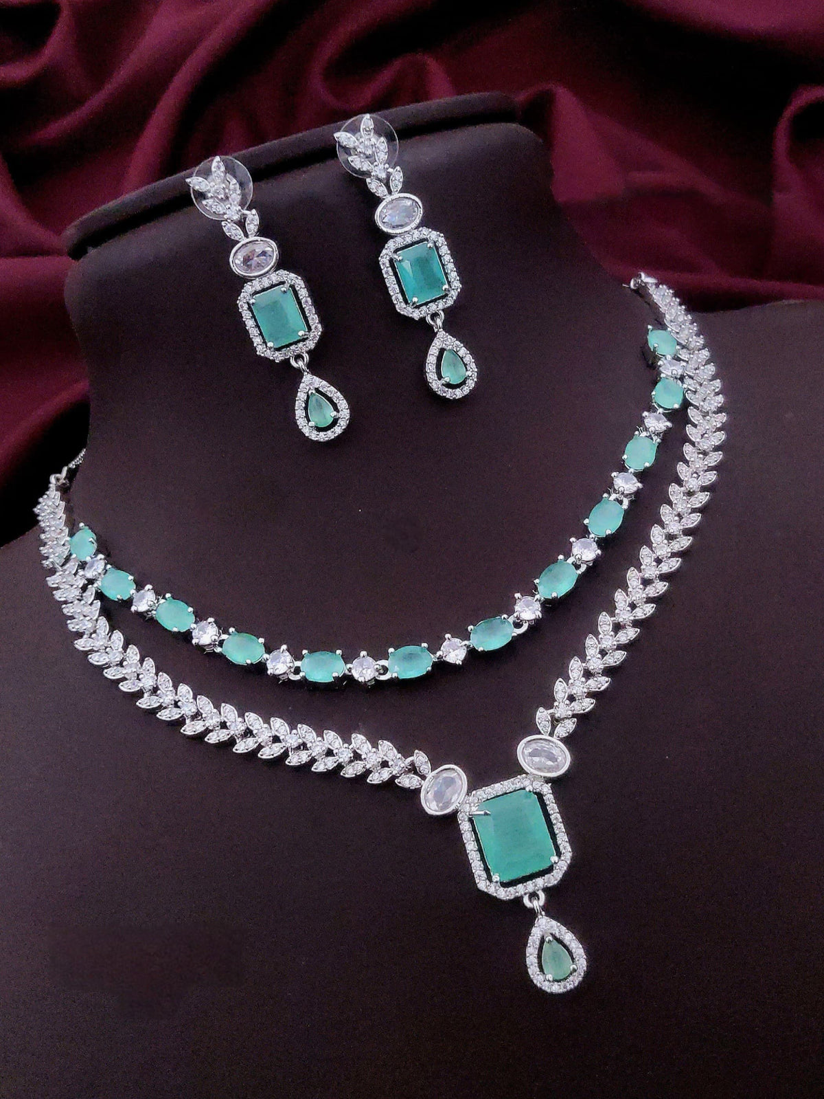 Pakistani Double Layer Cubiz Zirconia Choker Earrings Set | Kundan Jewelry | AD Jewelry | Pakistani Jewelry | Traditional Jewelry - Libasaa.com