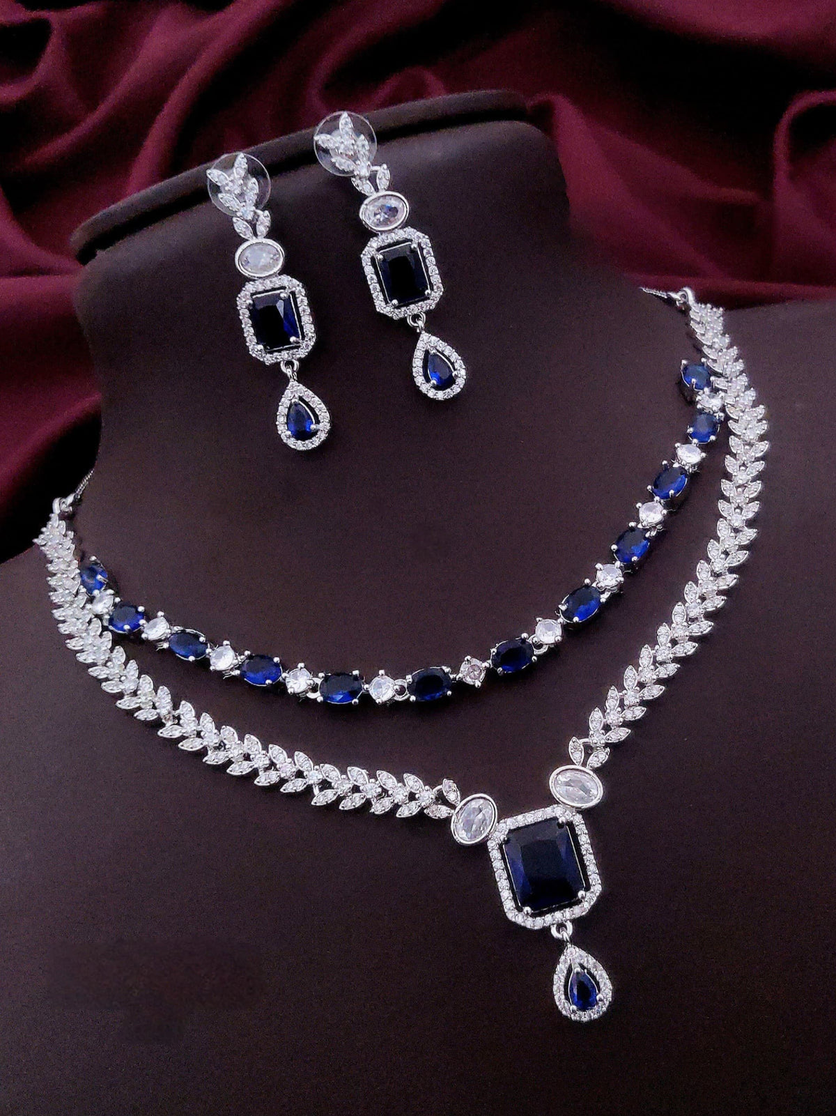 Pakistani Double Layer Cubiz Zirconia Choker Earrings Set | Kundan Jewelry | AD Jewelry | Pakistani Jewelry | Traditional Jewelry - Libasaa.com