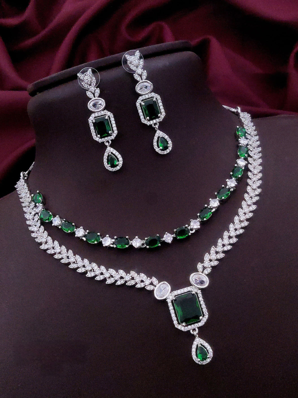 Pakistani Double Layer Cubiz Zirconia Choker Earrings Set | Kundan Jewelry | AD Jewelry | Pakistani Jewelry | Traditional Jewelry - Libasaa.com