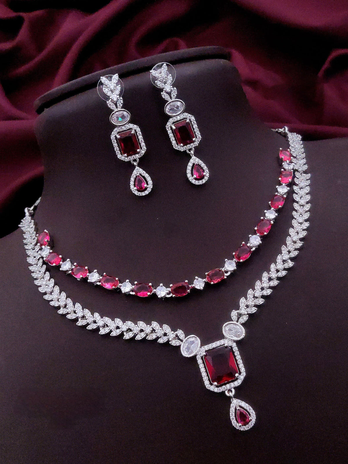 Pakistani Double Layer Cubiz Zirconia Choker Earrings Set | Kundan Jewelry | AD Jewelry | Pakistani Jewelry | Traditional Jewelry - Libasaa.com