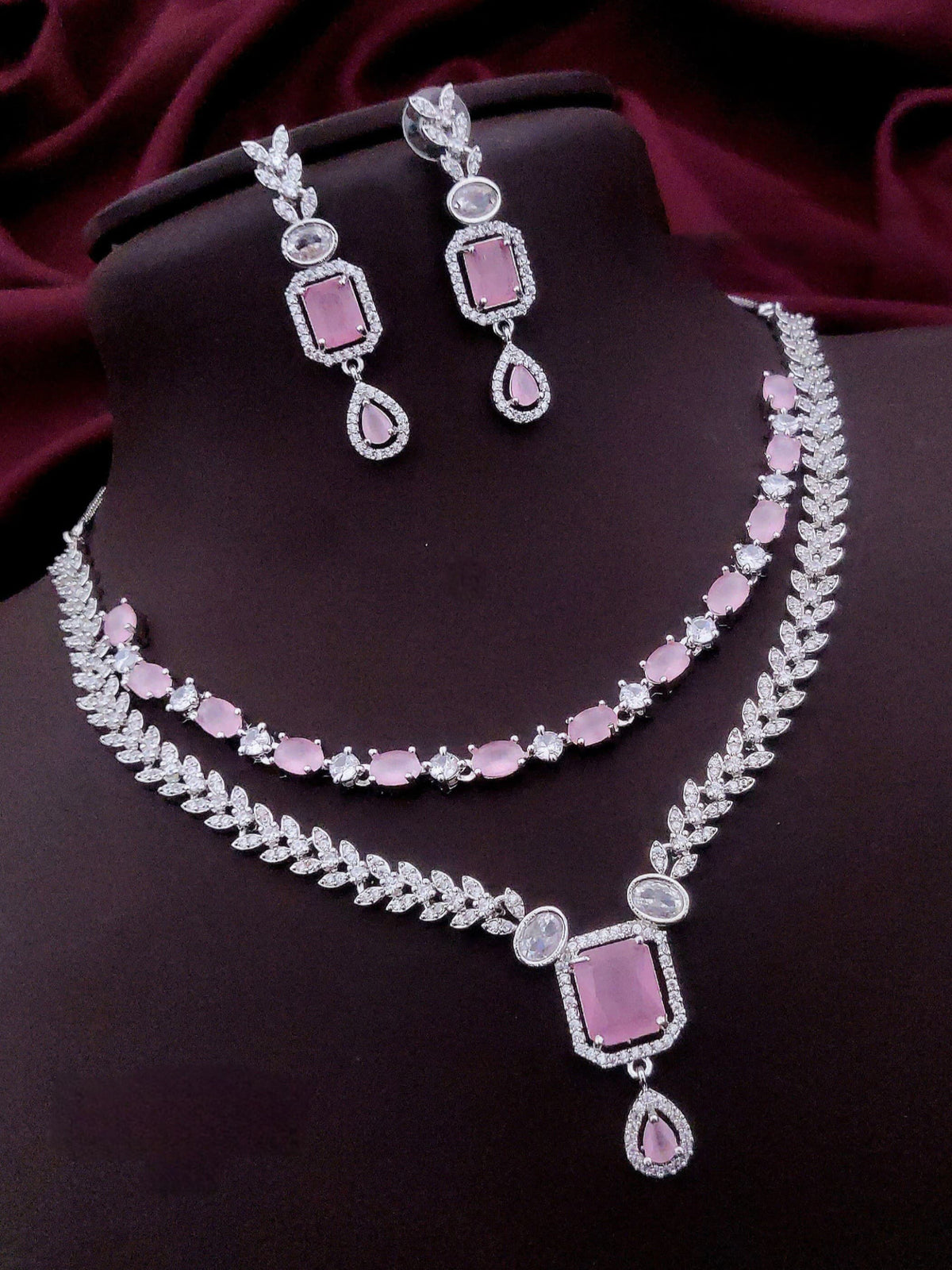 Pakistani Double Layer Cubiz Zirconia Choker Earrings Set | Kundan Jewelry | AD Jewelry | Pakistani Jewelry | Traditional Jewelry - Libasaa.com