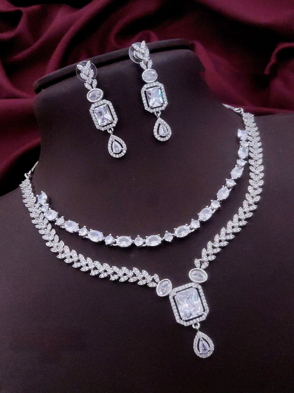 Pakistani Double Layer Cubiz Zirconia Choker Earrings Set | Kundan Jewelry | AD Jewelry | Pakistani Jewelry | Traditional Jewelry - Libasaa.com