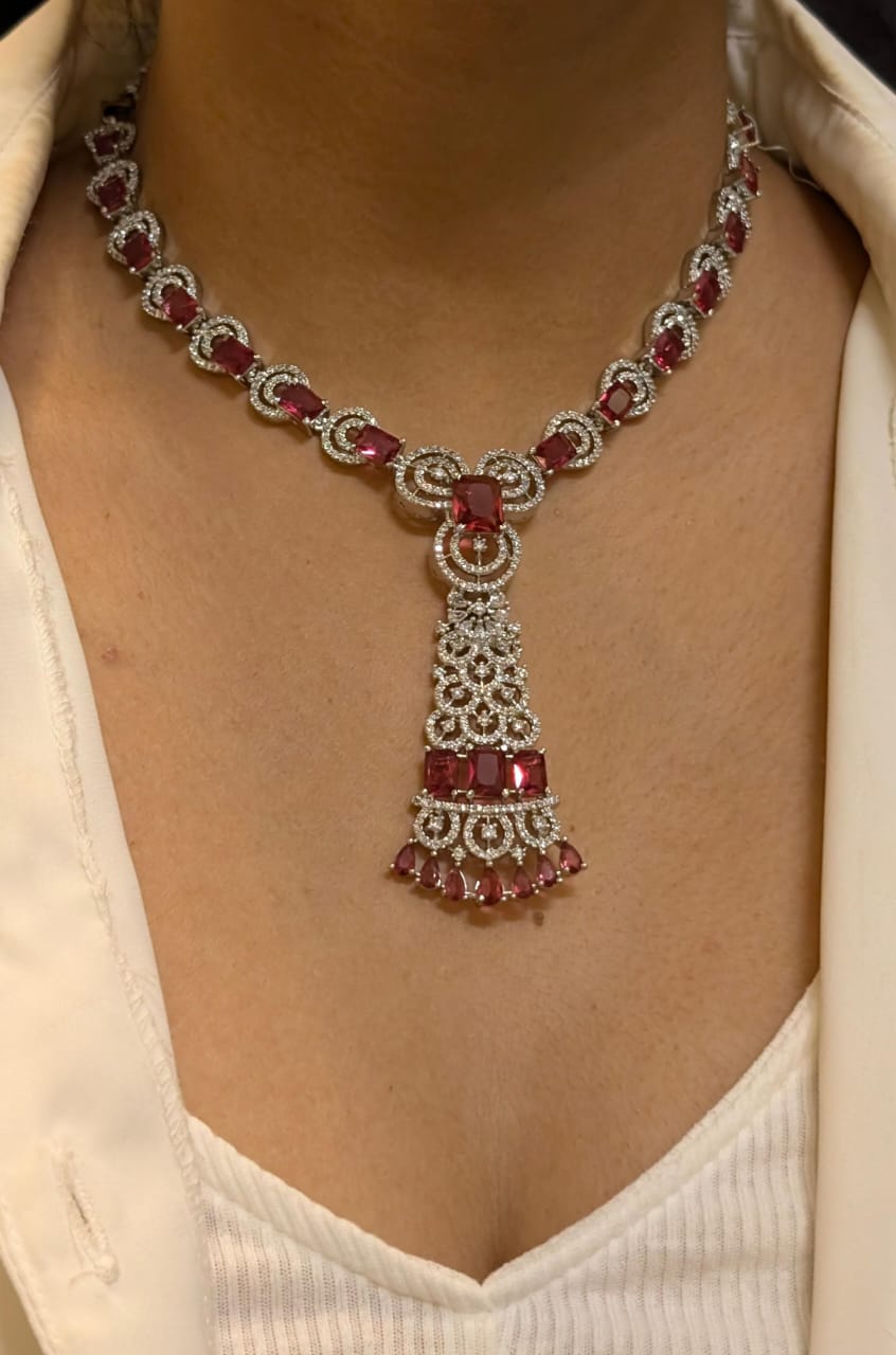 Statement Indian CZ Necklace Earrings Set | Kundan Jewelry | AD Jewelry | Pakistani Jewelry | Traditional Jewelry - Libasaa.com